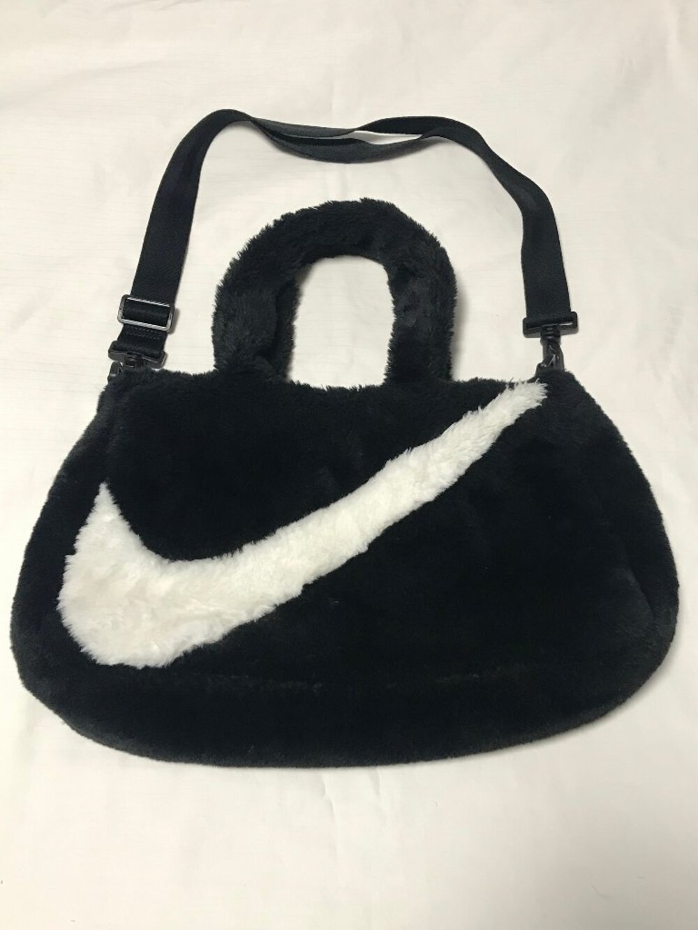 Nike Swoosh Black & White Faux Fur Plush Crossbody Bag Purse